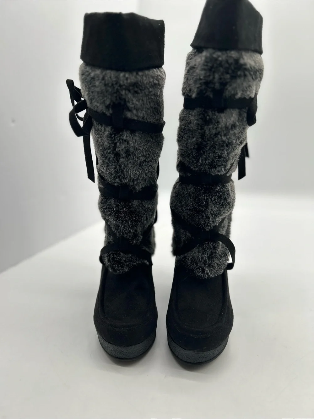 DecreeBlack Faux Fur Crisscross Wedge Winter Knee-High Boots 7 NWOT